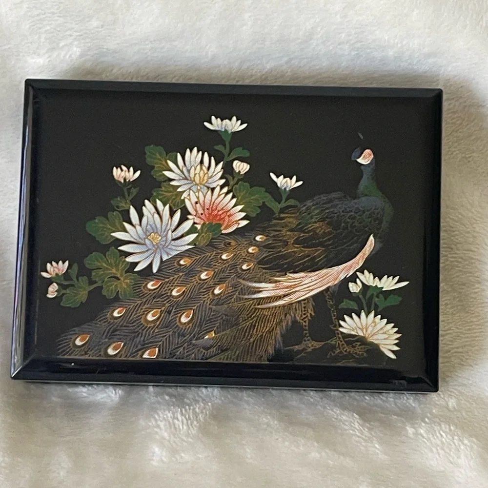 Vintage Black Lacquered Peacock Floral Mini Travel Tissue Box with Mirror